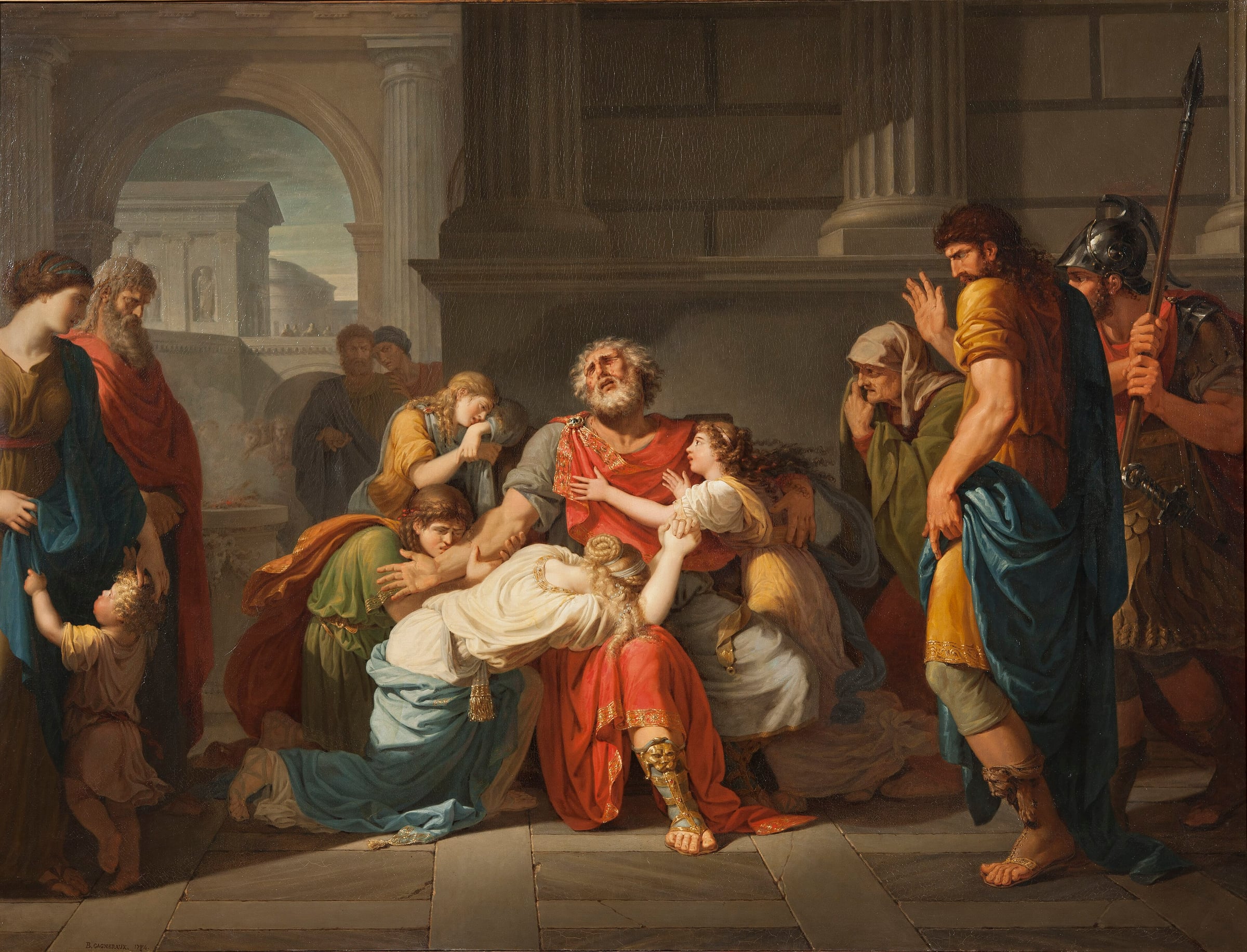 Edipo ciego, con sus hijas abrazadas a él, alzando el rostro hacia los dioses mientras la gente a su alrededor llora o aparta la mirada, en la pintura de Gagneraux